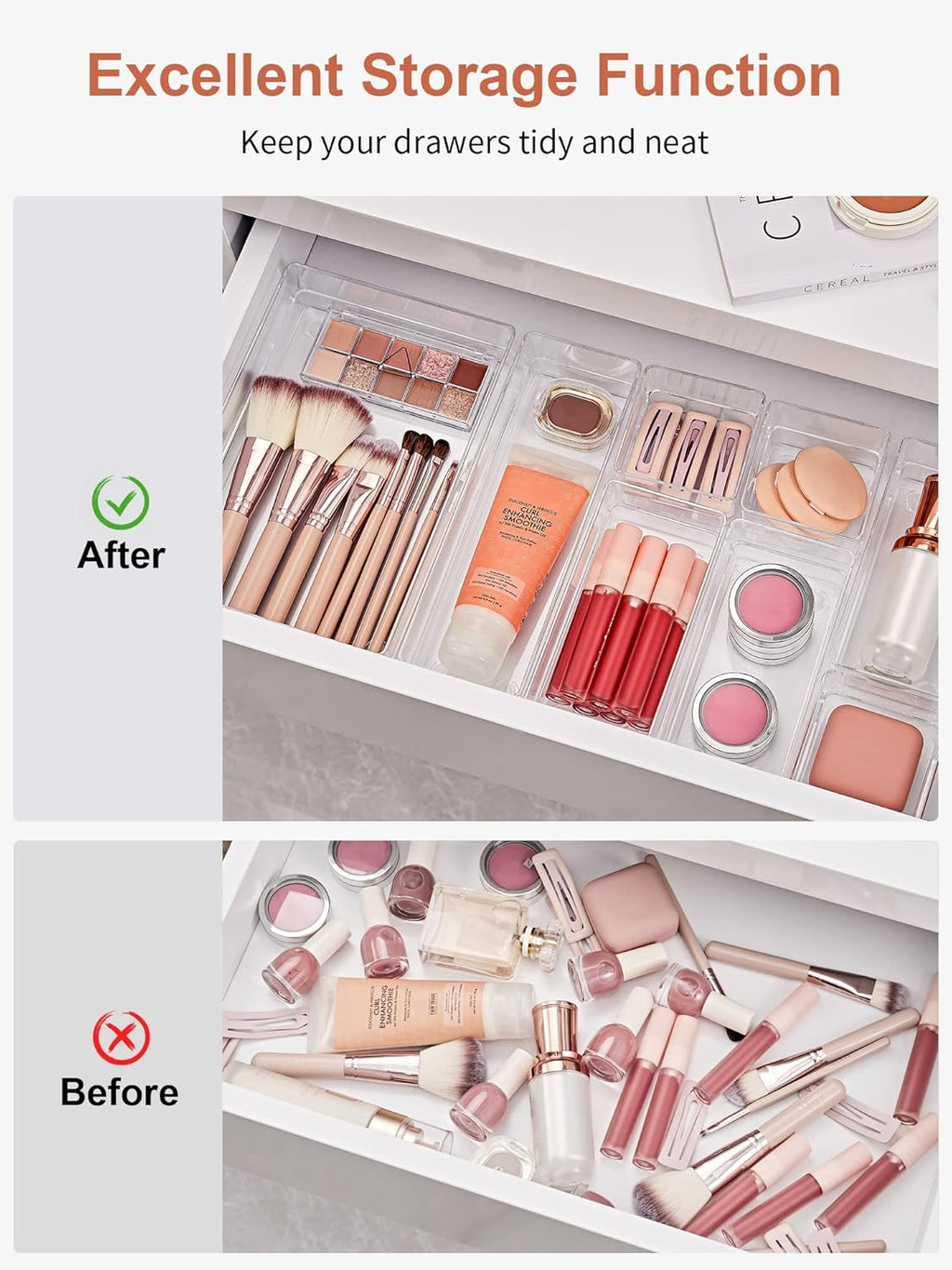 SMARTAKE 22-Piece Drawer Organizer - Non-Slip Silicone Pads | Clear Storage Trays for Makeup, Jewelry & Utensils