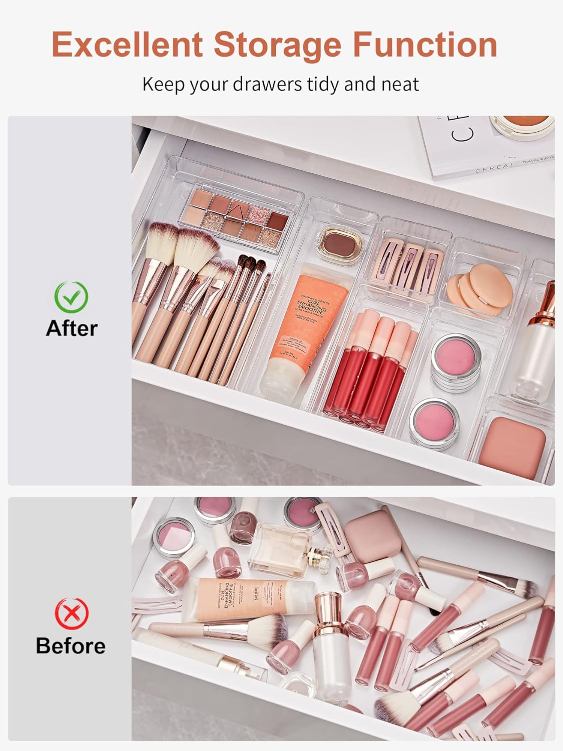 SMARTAKE 22-Piece Drawer Organizer - Non-Slip Silicone Pads | Clear Storage Trays for Makeup, Jewelry & Utensils