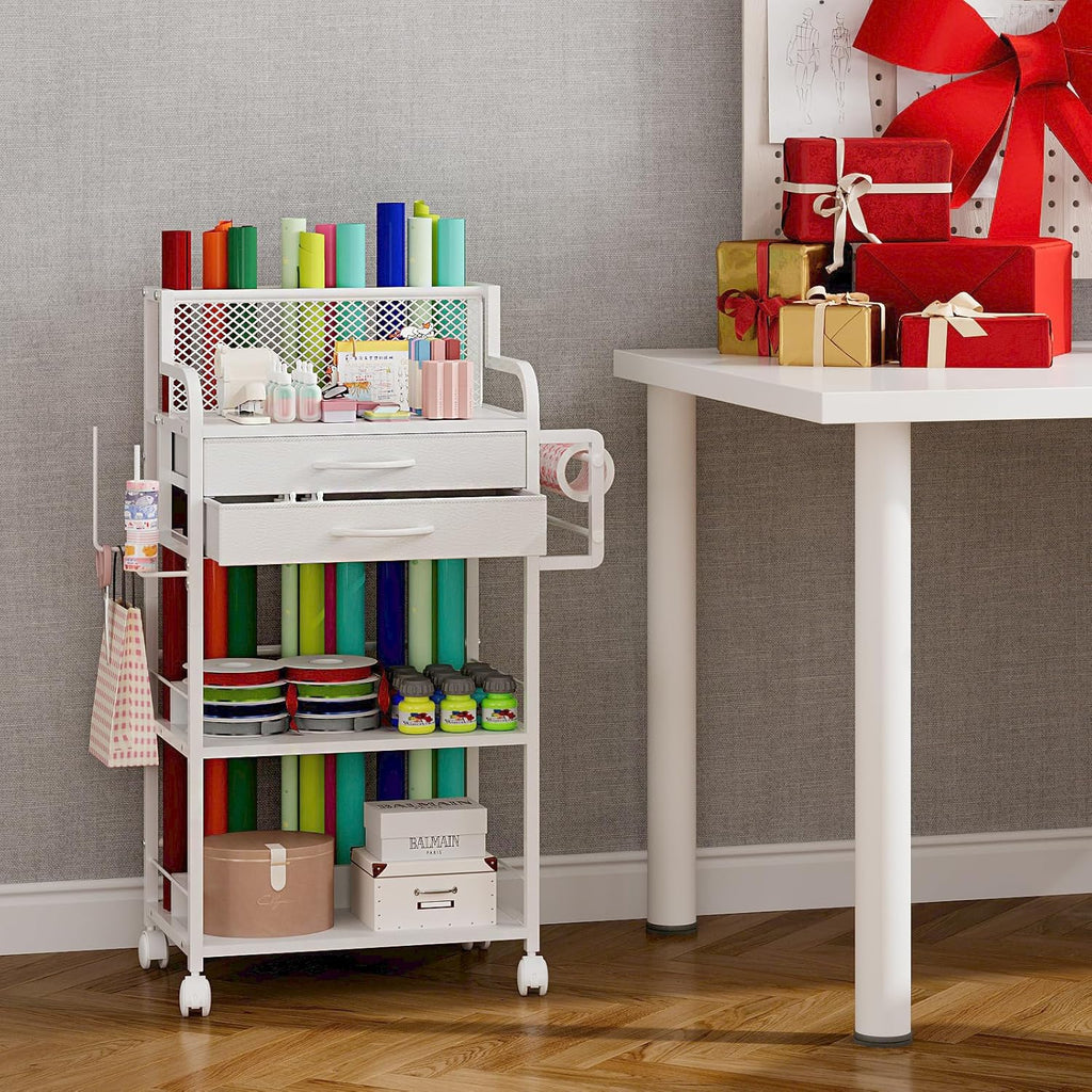 Skiennix Rolling Craft Storage Cart - 2 Fabric Drawers & Lockable Wheels | Gift Wrap Organizer with Ribbon & Tape Holder