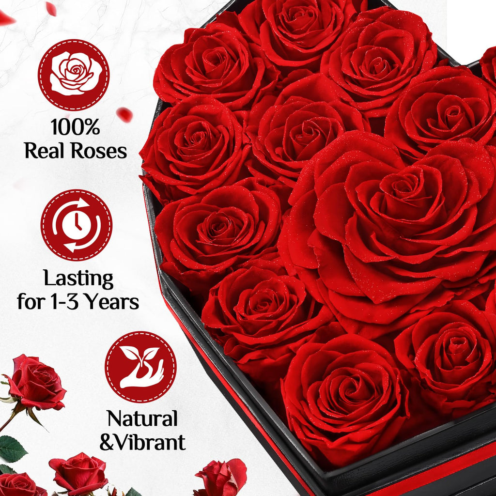 MARTINE MALL 17 Forever Flowers for Delivery, Mothers Day Birthday Gifts for Women Mom Glitter Preserved Real Roses in a Box Gifts for Girlfriend Wife Lasting Eternal Flowers with Necklace, Red