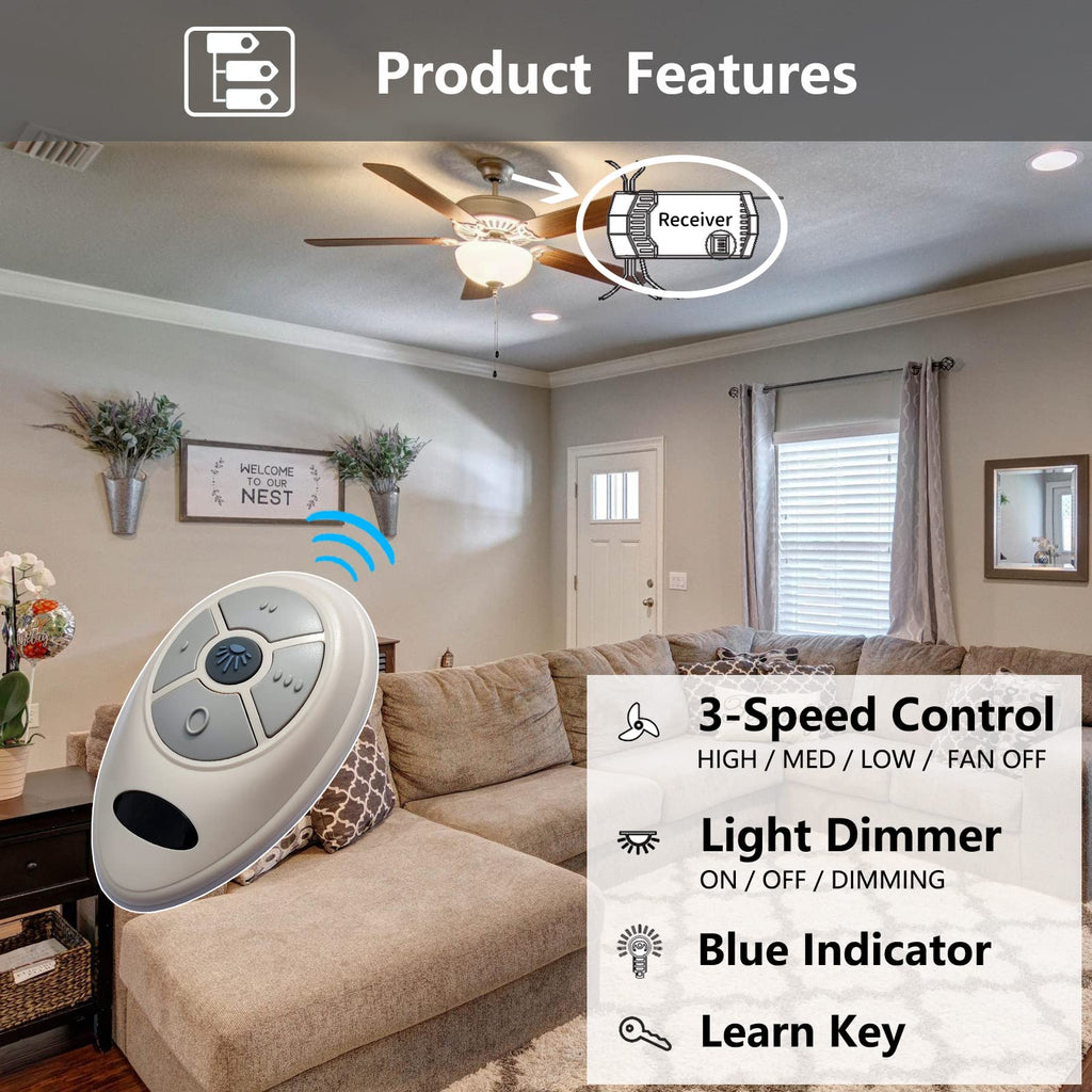 Universal Ceiling Fan Remote Control Kit for Harbor Breeze Hunter Allen Roth Hampton Bay,w/Receiver Light Dimmer 3-Speed, Replacement of L3HFAN35T1 35T1 L3HFAN35T 35T KUJCE9603 UC7202T CHQ7202T