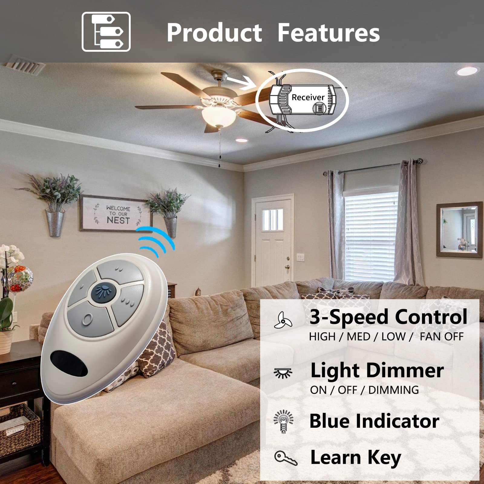 Universal Ceiling Fan Remote Control Kit for Harbor Breeze Hunter Allen Roth Hampton Bay,w/Receiver Light Dimmer 3-Speed, Replacement of L3HFAN35T1 35T1 L3HFAN35T 35T KUJCE9603 UC7202T CHQ7202T