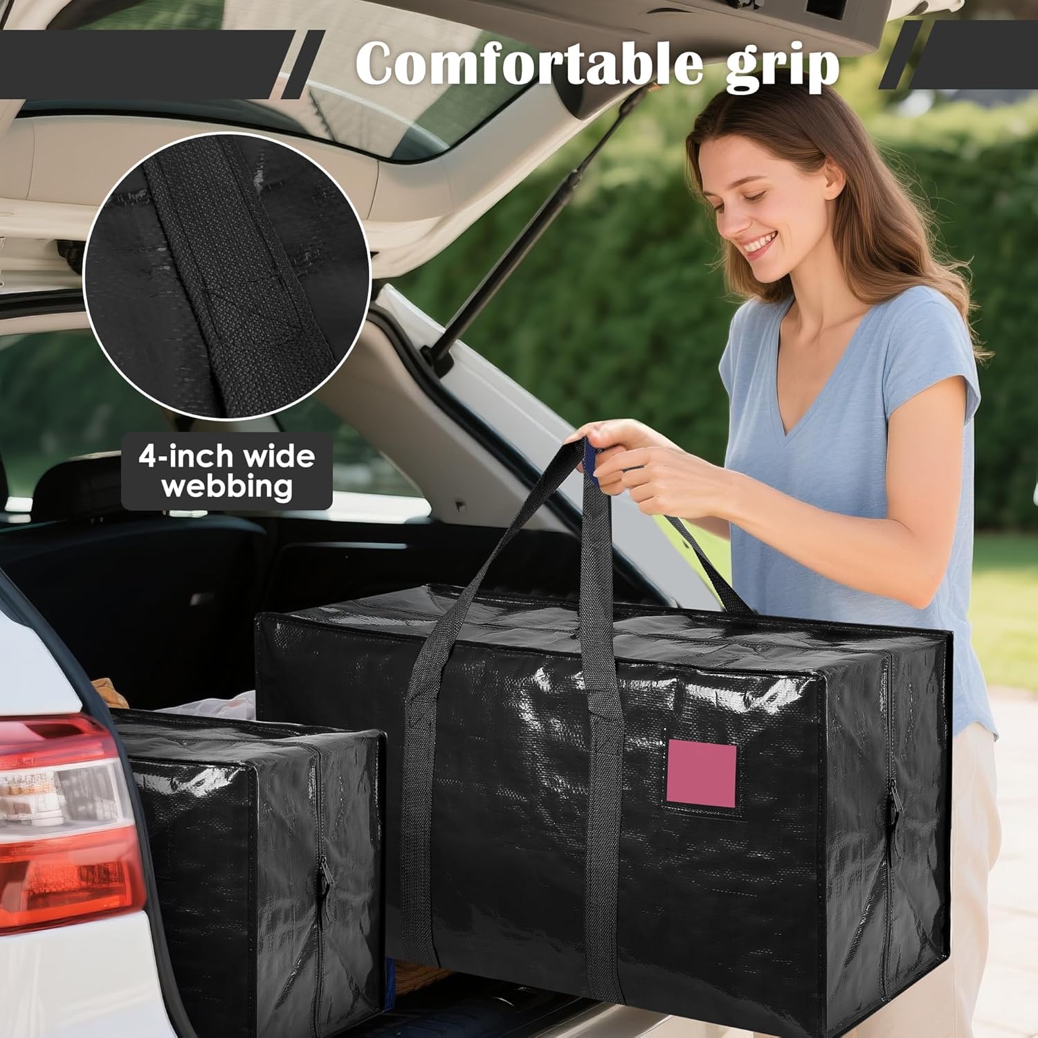 Skiennix Extra Large Heavy Duty Moving Bags - Reinforced Zipper & Wide Handles | Moisture-Resistant Storage for Clothes & Travel - Black, 6 Pack