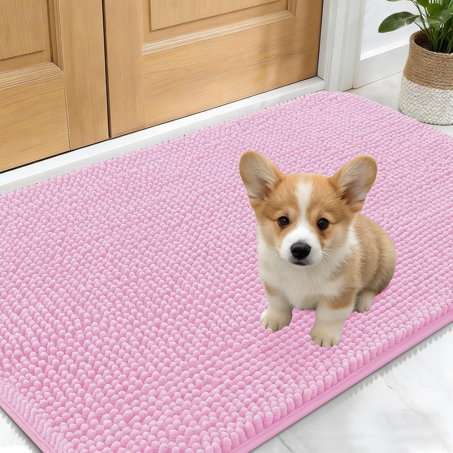 OLANLY Dog Door Mat - Absorbent Non-Slip Chenille for Muddy Paws | 24x16, Quick Dry, Pink