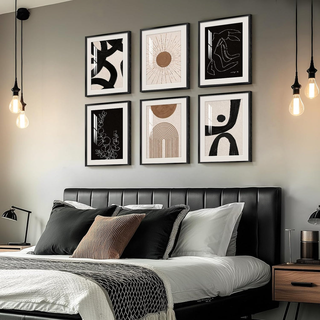 Skiennix Framed Boho Black and White Abstract Wall Art - Set of 6 Geometric Prints for Living Room, 11x14 Inch
