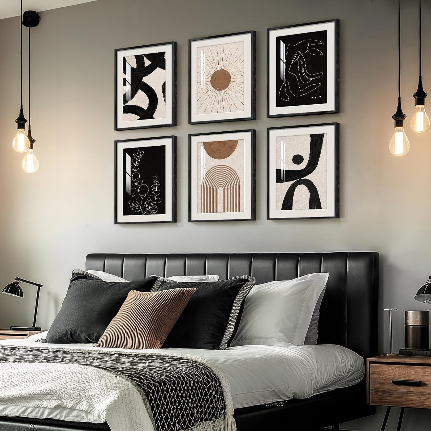 Skiennix Framed Boho Black and White Abstract Wall Art - Set of 6 Geometric Prints for Living Room, 11x14 Inch