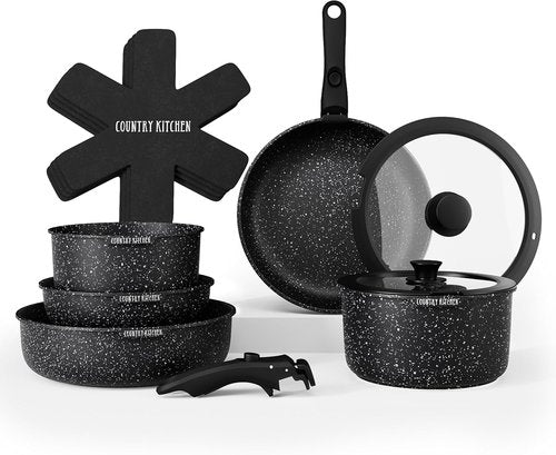Country Kitchen Cookware Set - Removable Handle, Oven & RV Safe Pots and Pans, Black