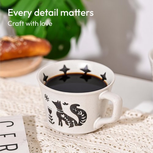 LINVIA Ceramic Coffee Mug, 12 oz Small Novelty Unique Teacup with Handle, Stoneware Cup for Tea Mocha Latte Cappuccino (Set of 2, Fox and Bear)