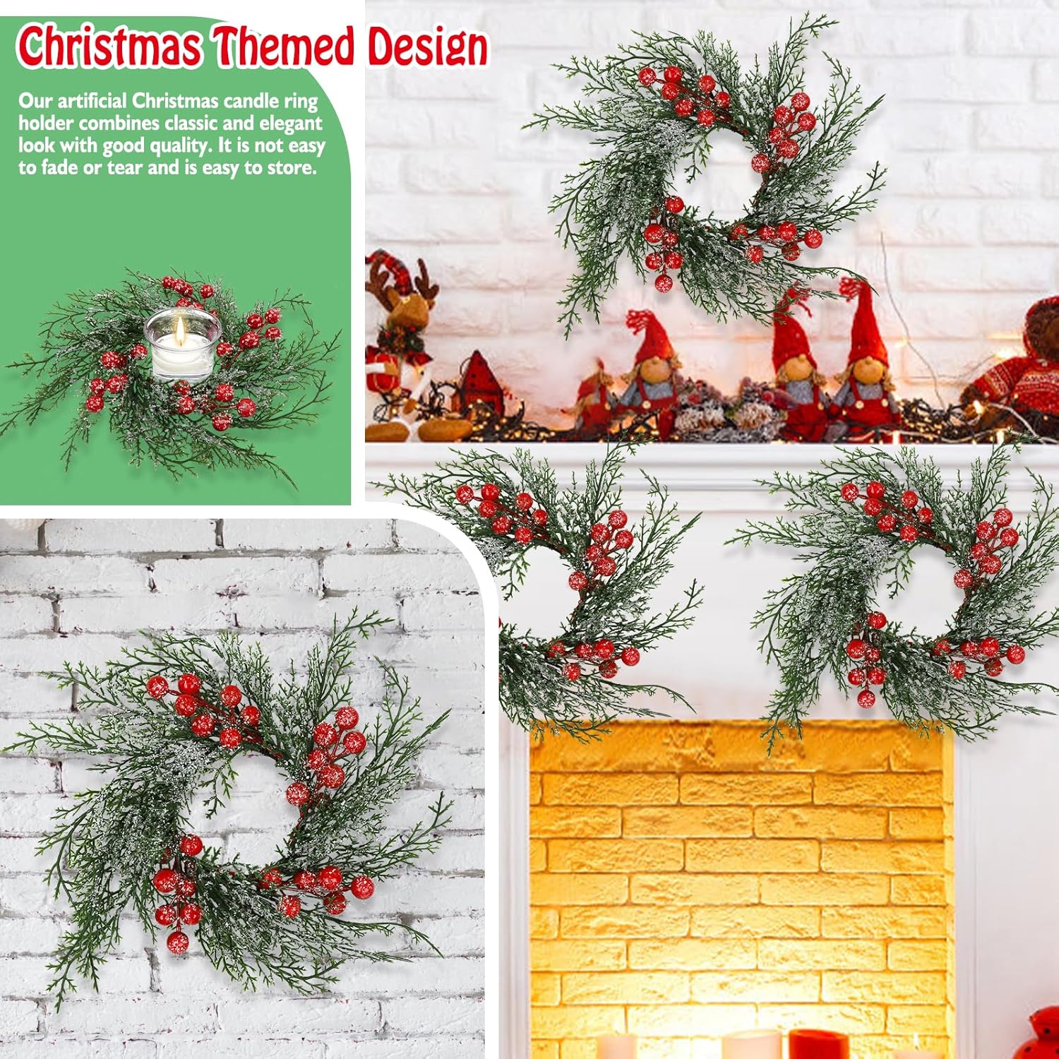 Regine Switzerland Christmas Candle Rings - 6 Pcs Red Berry & Snowy Pine Wreath Holders for Holiday Decor