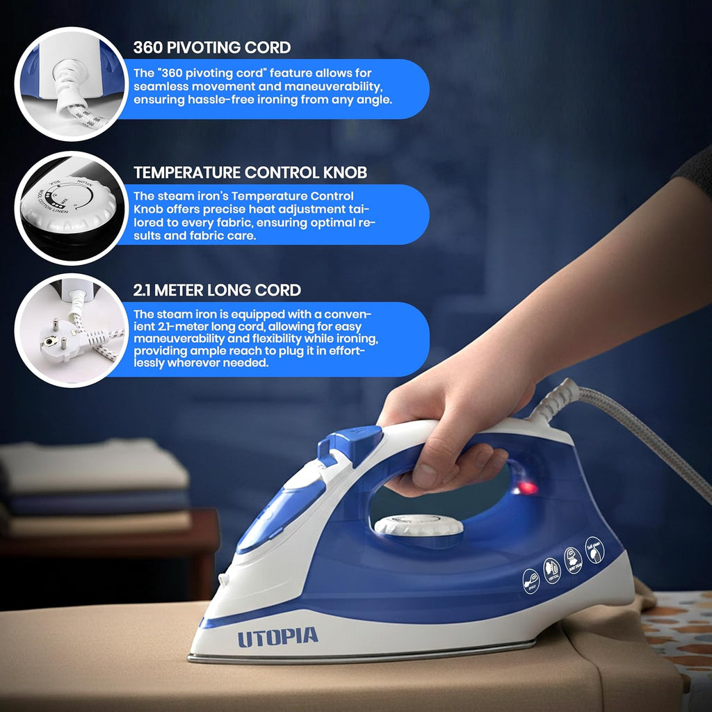 Utopia Home Steam Iron - 1200W Non-Stick Soleplate Clothes Iron | 2.3m Cord, Adjustable Thermostat & Safety Features