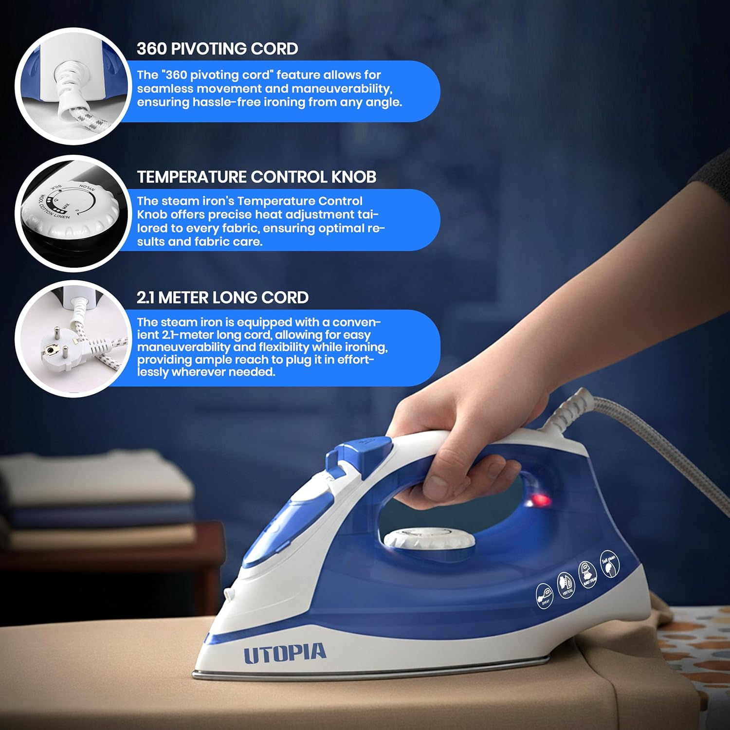 Utopia Home Steam Iron - 1200W Non-Stick Soleplate Clothes Iron with Adjustable Thermostat & Safety Features | Blue