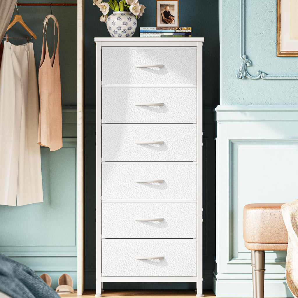 Huuger Tall Dresser for Bedroom, Stable 6 Drawer Dresser with Anti-Tip Device, PU Leather & Fabric Drawers, Tall Nightstand for Closet, Nursery, Storage Tower for College Dorm High Beds, White