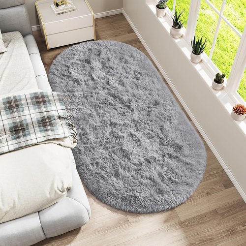 LOCHAS Gray Fluffy Shaggy Area Rug - Soft Oval Throw Rug for Bedroom & Nursery | 2.6' x 5.3'