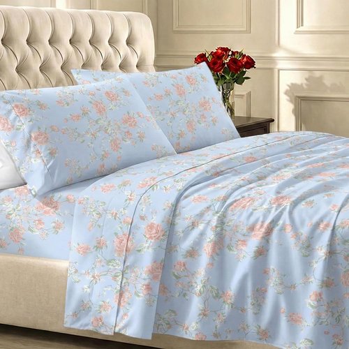 California Design Den Bed Sheets - Soft Cotton Cal King Set, 400 TC, Award-Winning Sateen Finish - Floral Blue/Pink
