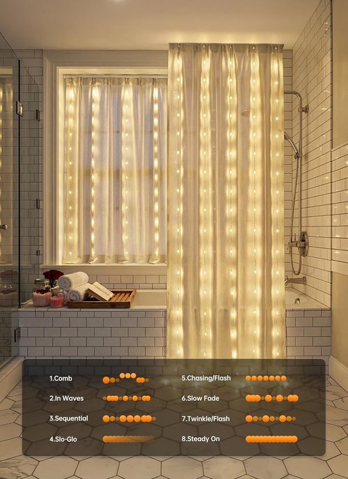 Brightown 180 LED Shower Curtain Fairy Lights - 70 Inch Warm White Waterproof String Light | 8 Modes for Indoor/Outdoor Decor