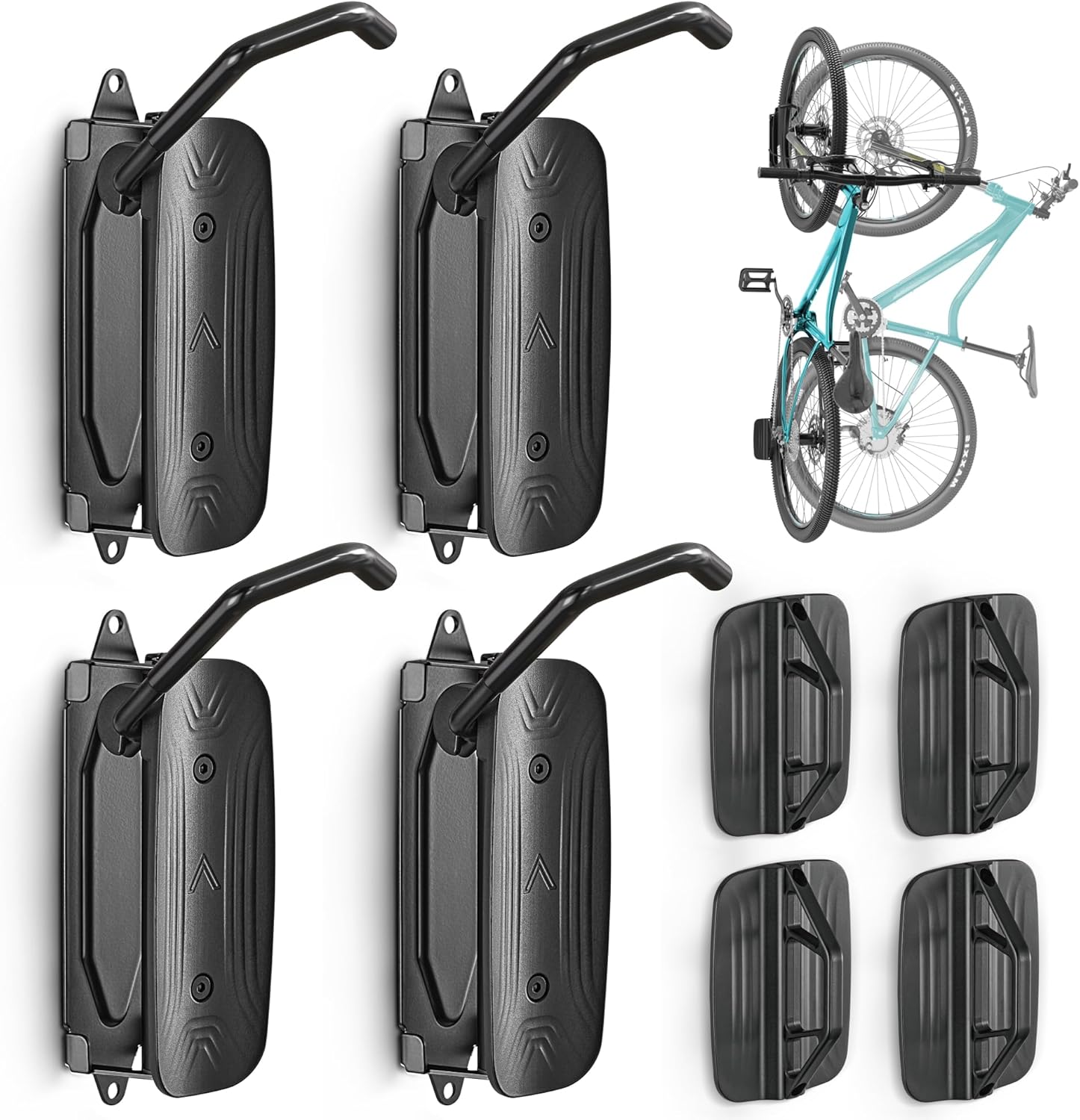 monTEK Swivel Bike Wall Mount - Space-Saving Vertical Bike Rack for Garage | Holds Up to 66lbs, Easy Install, 4 Pack