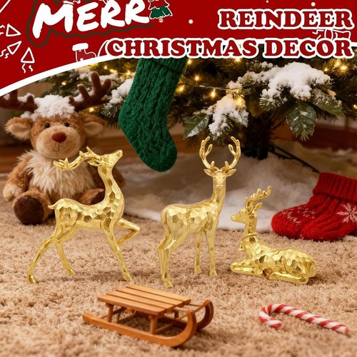 Exasinine Gold Reindeer Decor - 3 PCS Christmas Figurines for Holiday Centerpieces | Indoor Decorations