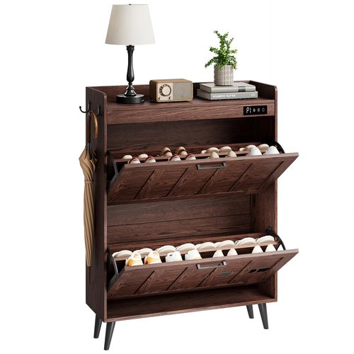 ChooChoo Shoe Storage Cabinet with 2 Flip Drawers, Deodorizing Shoe Organizer Storage for Entryway, Freestanding Hidden Slim Narrow Shoe Rack Cabinet, Walnut