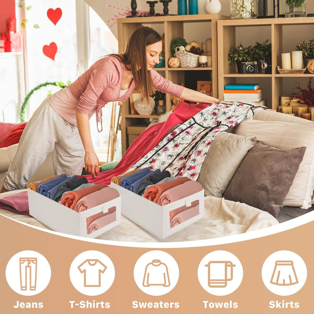 Skiennix Closet Organizer Bins - 4 Pack Foldable Linen Storage Baskets with Window | Beige