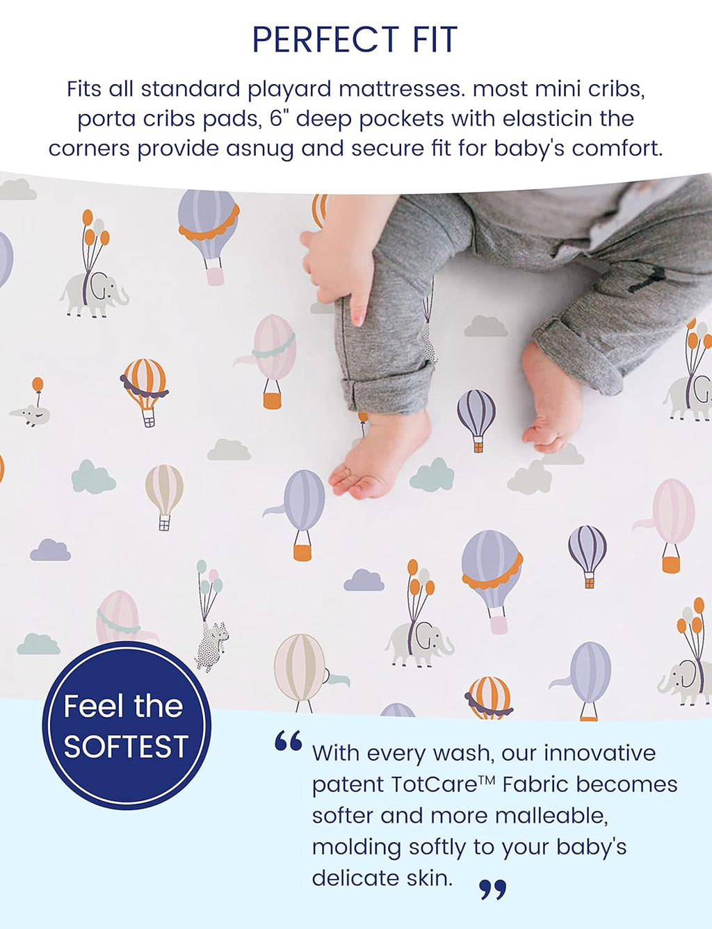 TotAha Premium Stretchy Pack N Play Playard Sheets - Hypoallergenic Mini Crib Sheets (2-Pack) | Silky Soft, All-Season Jersey-Knit 38 x 24 (Balloon & Sailboat)
