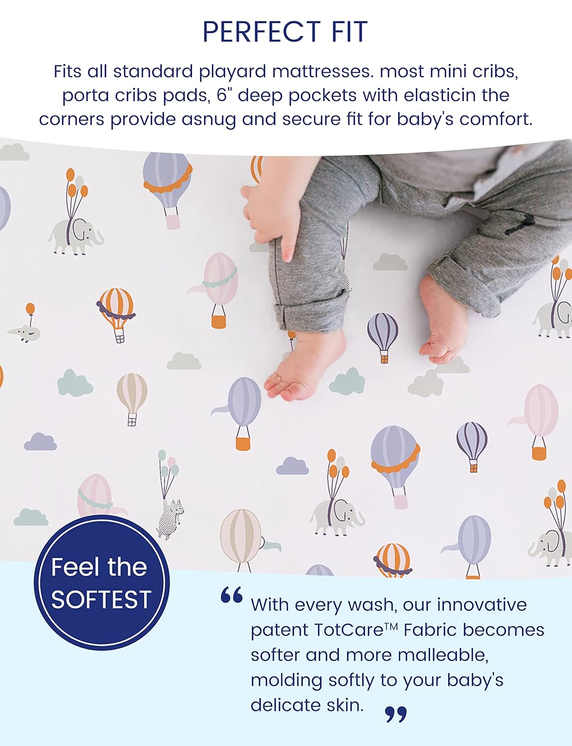 TotAha Premium Stretchy Pack N Play Playard Sheets - Hypoallergenic Mini Crib Sheets (2-Pack) | Silky Soft, All-Season Jersey-Knit 38 x 24 (Balloon & Sailboat)