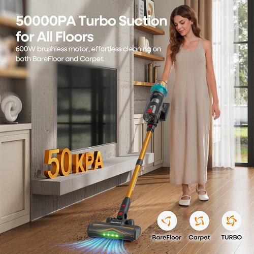 ElecKeys Cordless Vacuum Cleaner - 600W, 50KPA Suction, 70 Mins Runtime | Lightweight Self-Standing Stick Vacuum for Home & Pet Hair