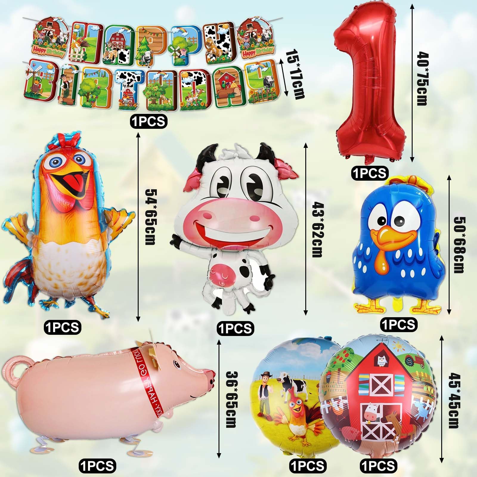 Farm Theme Birthday Decorations, Party Decorations, Birthday Party Supplies, Banner, Balloons, Tablecloth, Cupcake Toppers, Large Cake Decorations, Table Cover (1 year old)