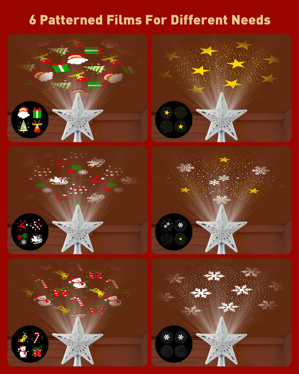 Christmas Tree Topper Lighted with 6 Patterns Projector, Christmas Star Tree Topper Built-in 3D Glitter LED Rotating Lights, Hollowed Christmas Tree Ornament for Xmas Party Holiday Decoration(Silver)