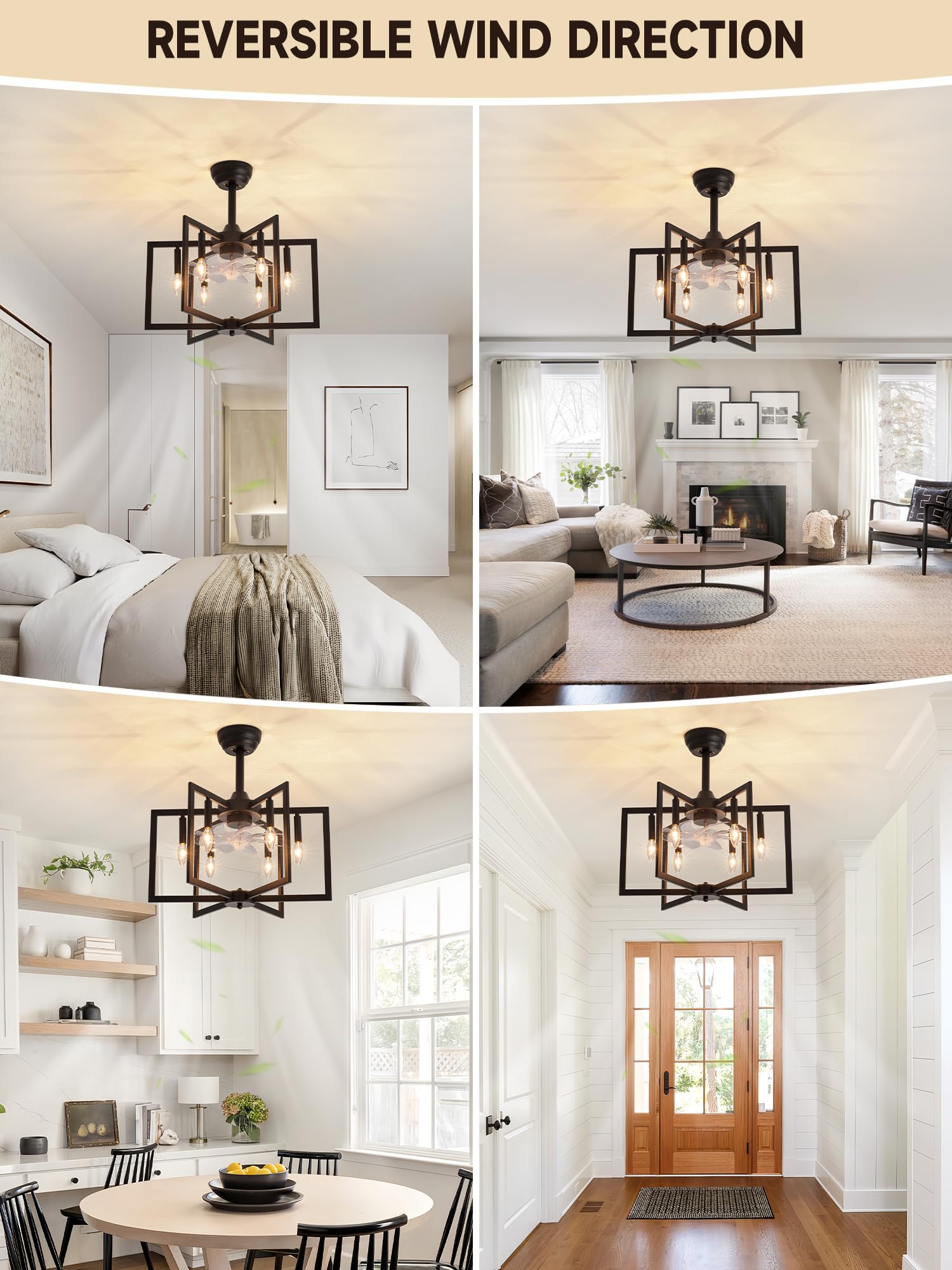 Jughtbo Black Chandelier Fan with，Farmhouse Rustic Ceiling Fan with Light and Remote, Adjustable Height, Rustic Chandeliers for Living Room, Bedroom, Hallway, Entryway Kitchen Lighting