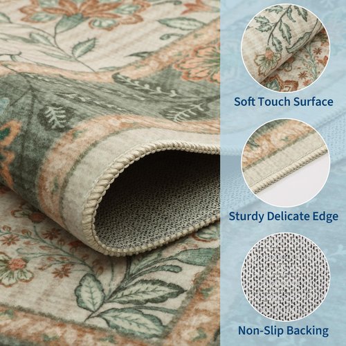 GarveeHome 5x7 Christmas Area Rug Sage Green Washable Rugs for Living Room Bedroom, Soft Low Pile Non Slip French Country Floor Mat Botanical Floral Print Throw Rug Indoor Carpet Dining Room Playroom