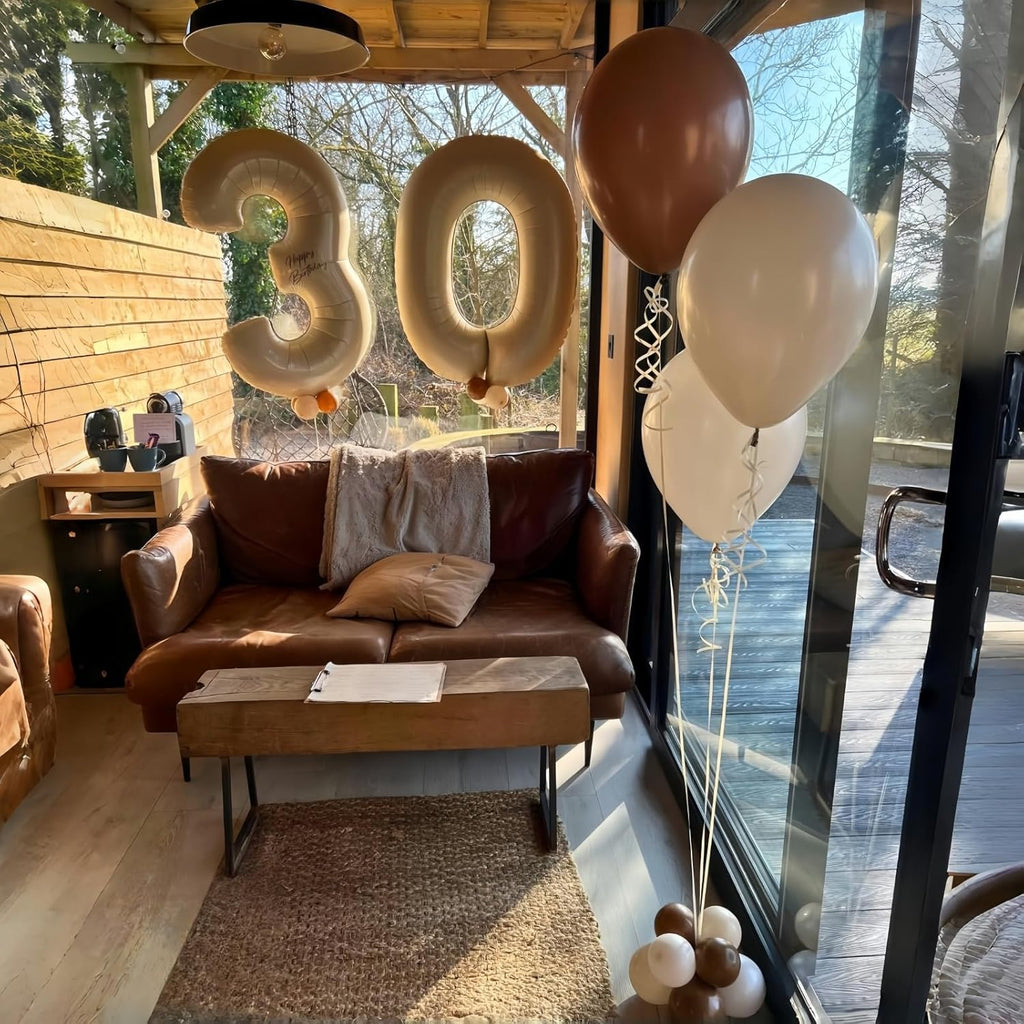 Skiennix 30 Balloons Decor - Beige Nude Apricot Foil Star & Heart Balloons | 40'' White Sand Helium Number 30 for 30th Birthday & Wedding Anniversary Celebrations