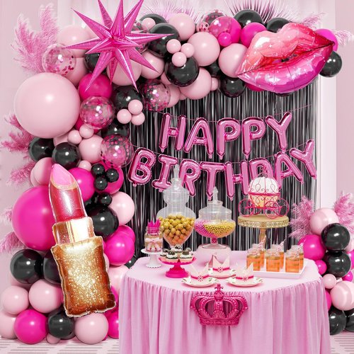 Hot Pink and Black Birthday Decorations with Black Hot Pink Confetti Balloons Happy Birthday Foil Balloons Fringe Curtains for Party Decorations
