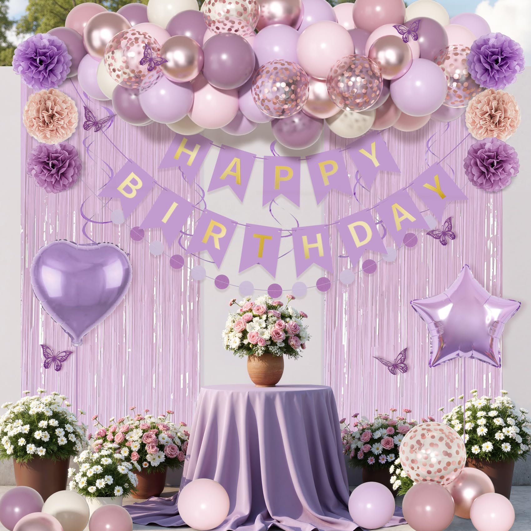 Dusty Purple Birthday Party Decorations, Lavender Pink Sand Confetti Rose Gold Balloons Happy Birthday Banner Fringe Curtains Butterfly Hanging Swirls Circle Dots Tassels Pompoms for Women Girls Party