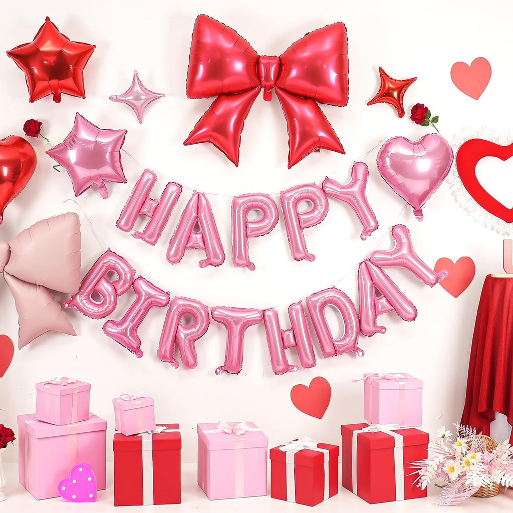 Red Pink Bow Birthday Decorations,38 Inch Helium Pink Red Bow Balloon Happy Birthday Balloons Banner Star Heart Foil Balloons for Women Men Party Supplies