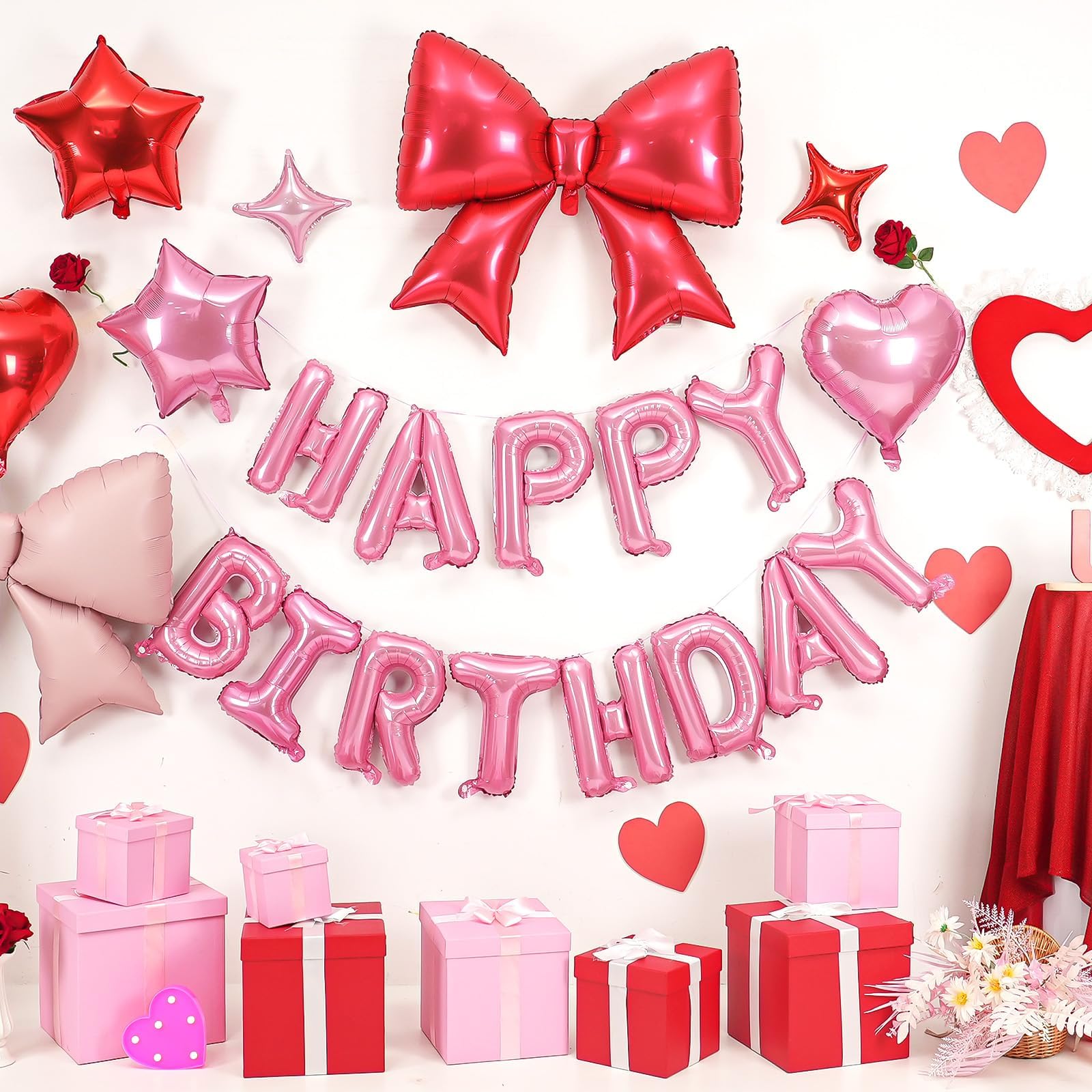 Red Pink Bow Birthday Decorations,38 Inch Helium Pink Red Bow Balloon Happy Birthday Balloons Banner Star Heart Foil Balloons for Women Men Party Supplies