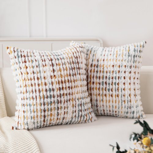 CATOLAT Boho Throw Pillow Covers Set of 2-18x18 Inch Farmhouse Tufted Pillow Covers Neutral Chenille Boho Throw Pillows, Accent Fluffy Pillow Cases for Couch Living Room Bed Sofa, Yellow and White