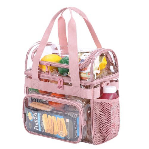 BORMELUN 2pack Pink Clear Tote Lunch Bag Heavy-duty for works Purse Large Concert Plastic