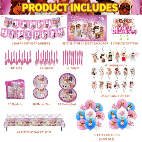 Birthday Party Supplies - Theme Children's Party Decorations Included Happy Birthday Banner, Backdrop, Hanging Swirls, Tablecloth, Cupcake Cake Toppers, Plates, Tableware, Napkins, Balloons
