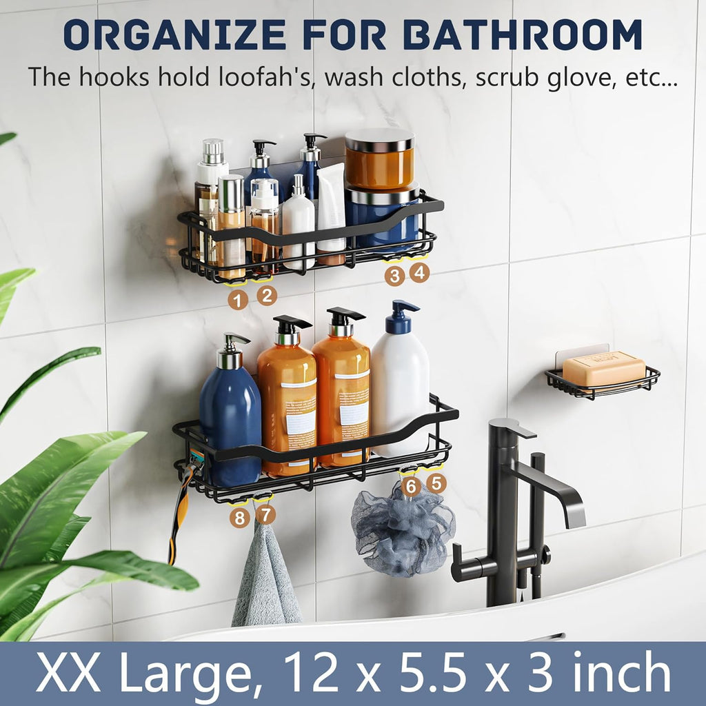 OMAIRA Shower Caddy - 3-Pack Rustproof Organizer with Soap Holder for Smooth Walls | Black, X-Large