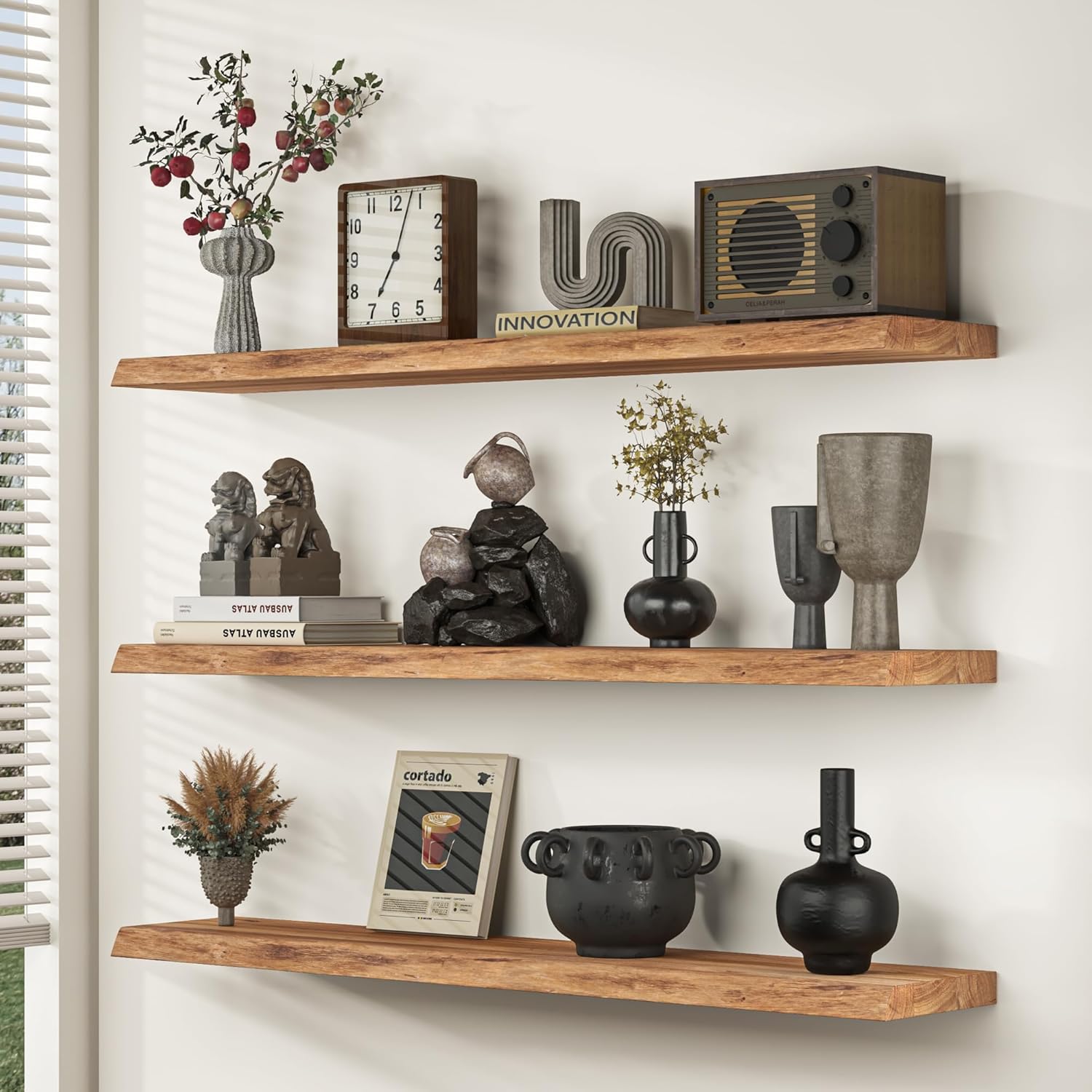 Rustic Elm Wood Floating Shelves by [Brand Name] - Heavy-Duty 36"x9.3" Set of 2 | Invisible Brackets for Living Room & Bedroom