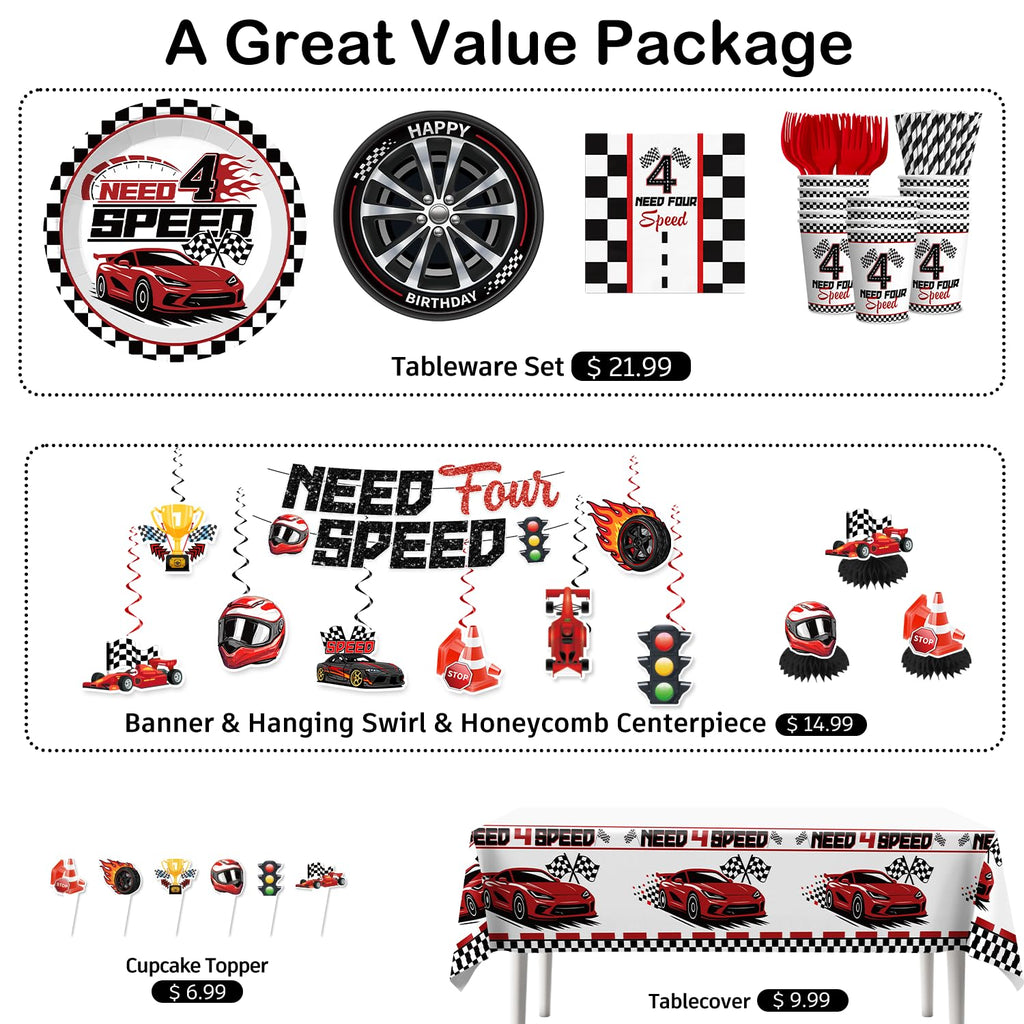 Need Four Speed Birthday Decorations Banner 4th Race Car Cake Topper Racing Balloons Plates and Napkins Need 4 Speed Decorations 4th Birthday 4 Year Old Boy Decorations