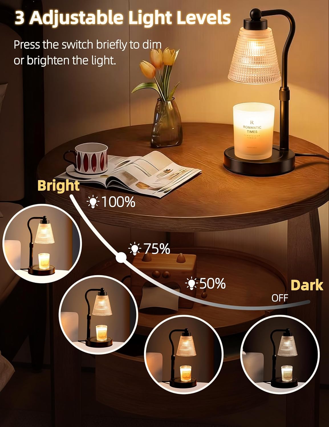 Skiennix Candle Warmer Lamp - Adjustable Height & Dimmable with Timer | Flameless Wax Melter for Home Décor, Black-Clear