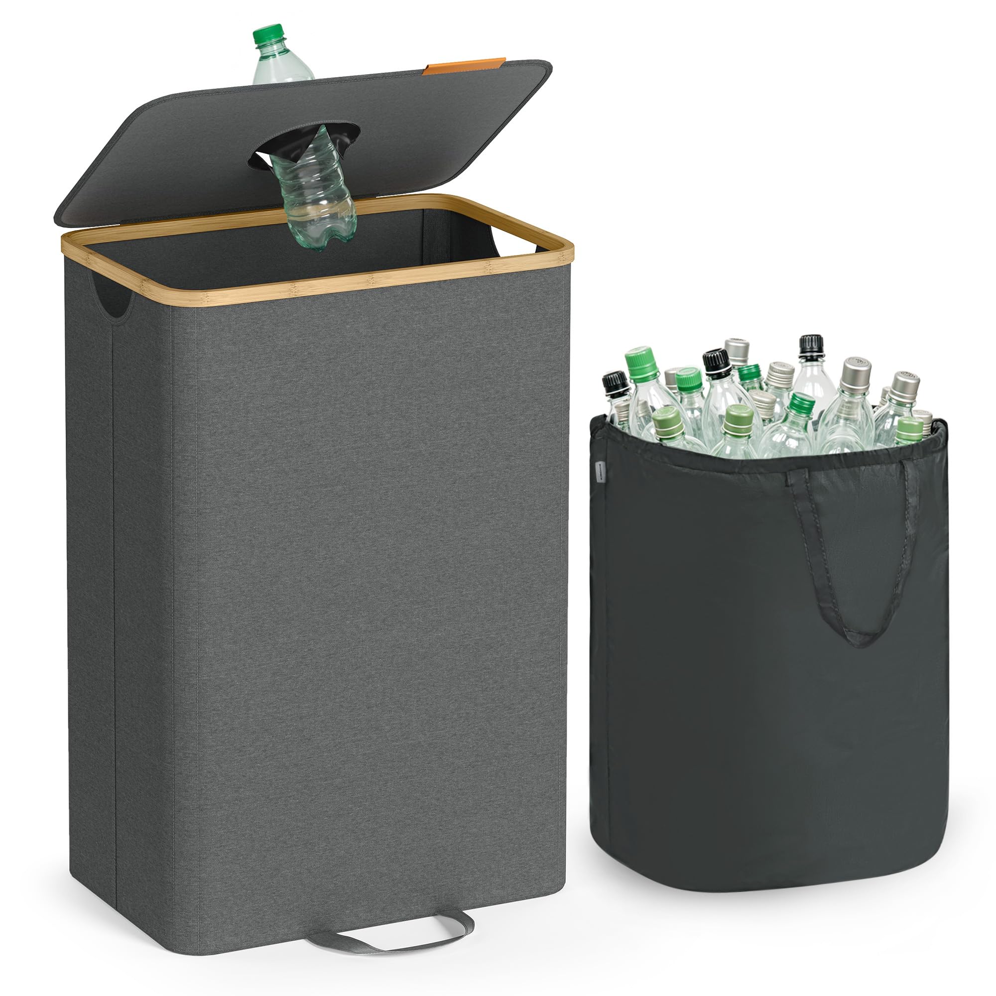 SONGMICS Recycling Bin for Kitchen 26.4 Gallon. Bottle Recycling Container, Collection Bin, for Metal, Plastic, Paper, Glass, Inner Bag with Handles, Kitchen, Slate Gray and Natural Beige URRB509G01