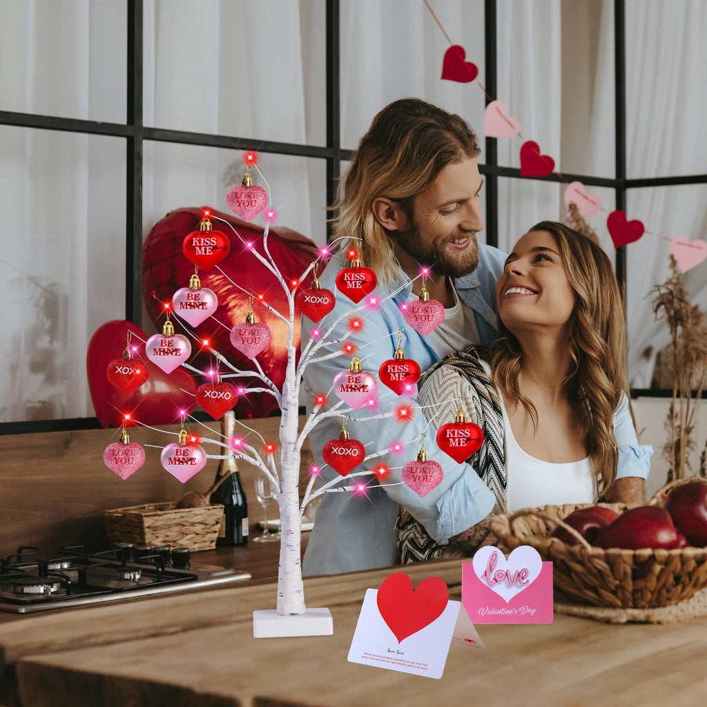 Sggvecsy 2 Pack Birch Trees with Heart Ornaments 24’’ Artificial Heart Table Tree Valentines Day Decorations with Cards Tree Decor for Valentine's Day Gifts Home Party Festival Decorations