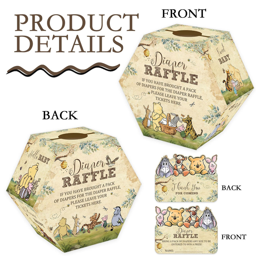 Winnie Baby Shower Diaper Raffle Hexagonal Box, 50 Bear Diaper Raffle Tickets with Box, Classic Baby Shower Game for Girls Boys, Pooh Baby Shower Party Centerpiece, Newborn Party Decoration Supplies