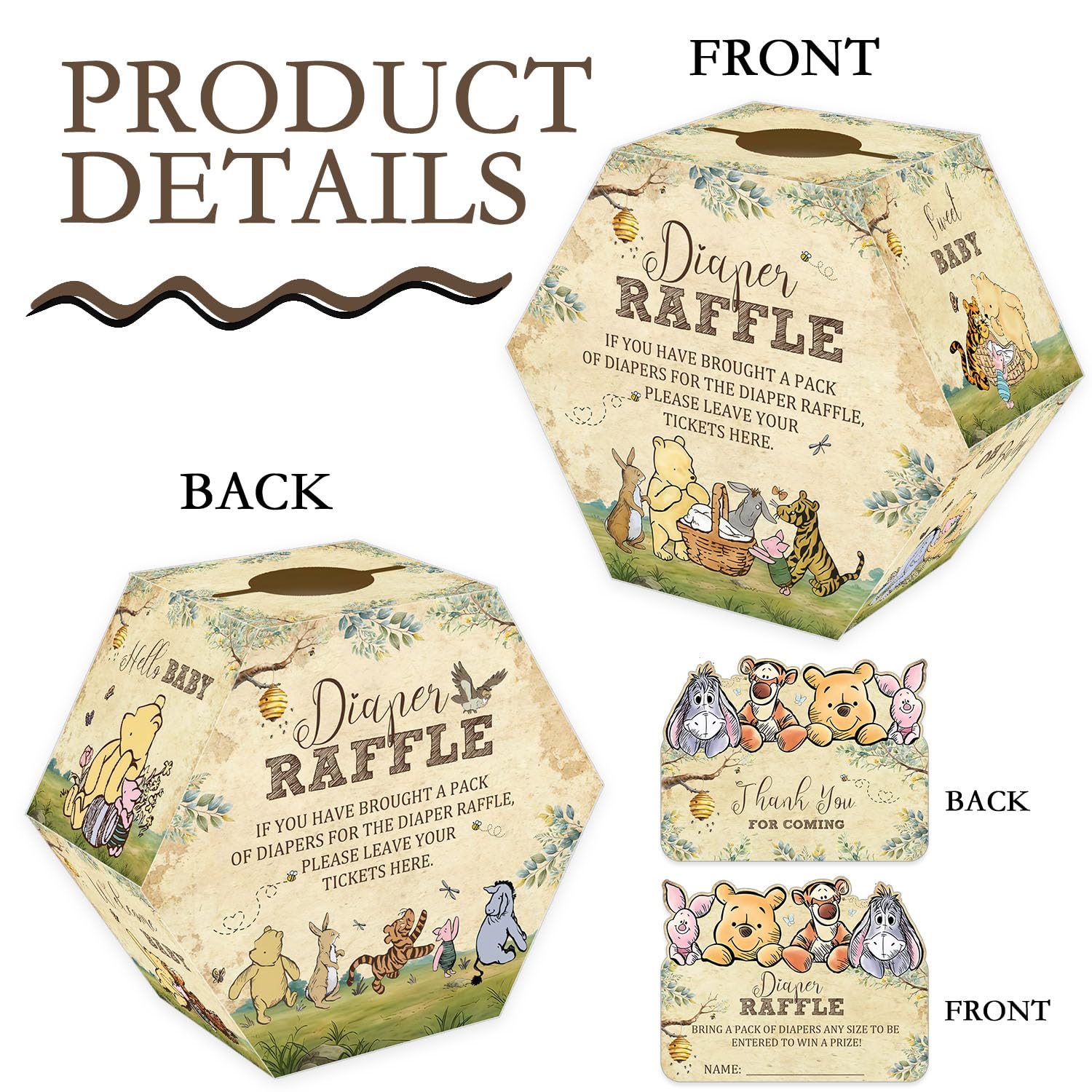 Winnie Baby Shower Diaper Raffle Hexagonal Box, 50 Bear Diaper Raffle Tickets with Box, Classic Baby Shower Game for Girls Boys, Pooh Baby Shower Party Centerpiece, Newborn Party Decoration Supplies