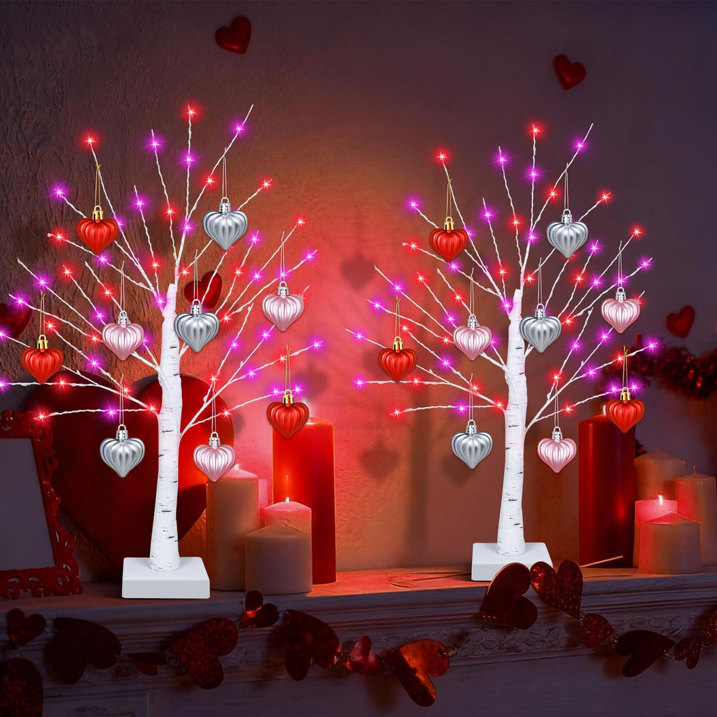 [Timer] Valentines Day Decorations Indoor 2 Pack 24 Inch Valentines Tree with 65 Red & Pink Lights 18 Hearts, USB & Battery Operated Valentines Decor, Valentines Day Decorations for Home Table Bedroom