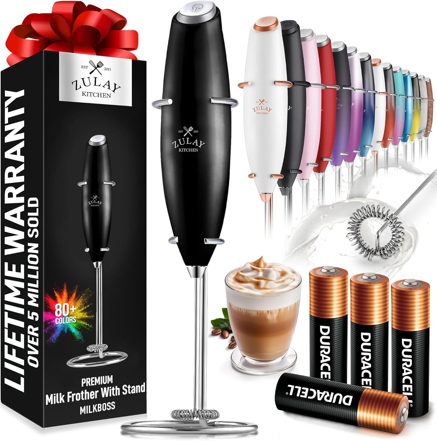 Zulay Kitchen Milk Frother Wand - Ultra-Fast Handheld Electric Whisk for Coffee, Lattes & More - Metallic Black