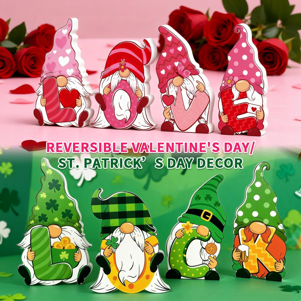 Valentines & St Patricks Day Decorations, 4 Pcs Double-sided Love & Luck Gnome Wooden Sign for Table Tiered Tray Mantel Decorations, Valentine and Shamrock Gnomes Centerpieces for Home Office Gifts