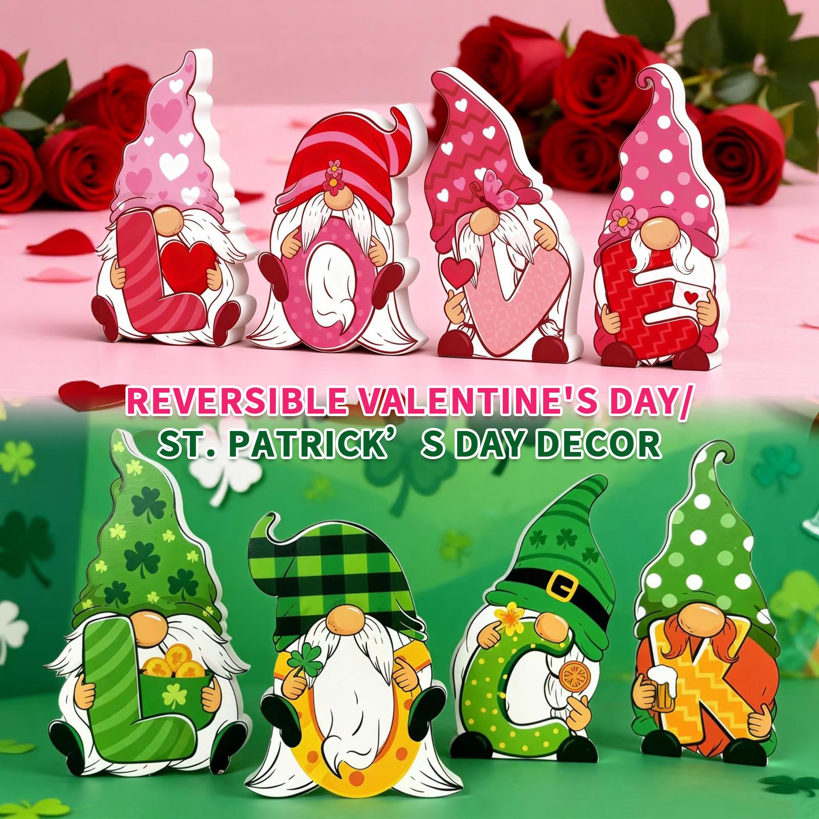 Valentines & St Patricks Day Decorations, 4 Pcs Double-sided Love & Luck Gnome Wooden Sign for Table Tiered Tray Mantel Decorations, Valentine and Shamrock Gnomes Centerpieces for Home Office Gifts